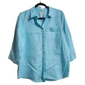 Chicos 2 US 12 No Iron 100% Linen Button Up Shirt 3/4 Sleeve Clear Aqua L Coasta